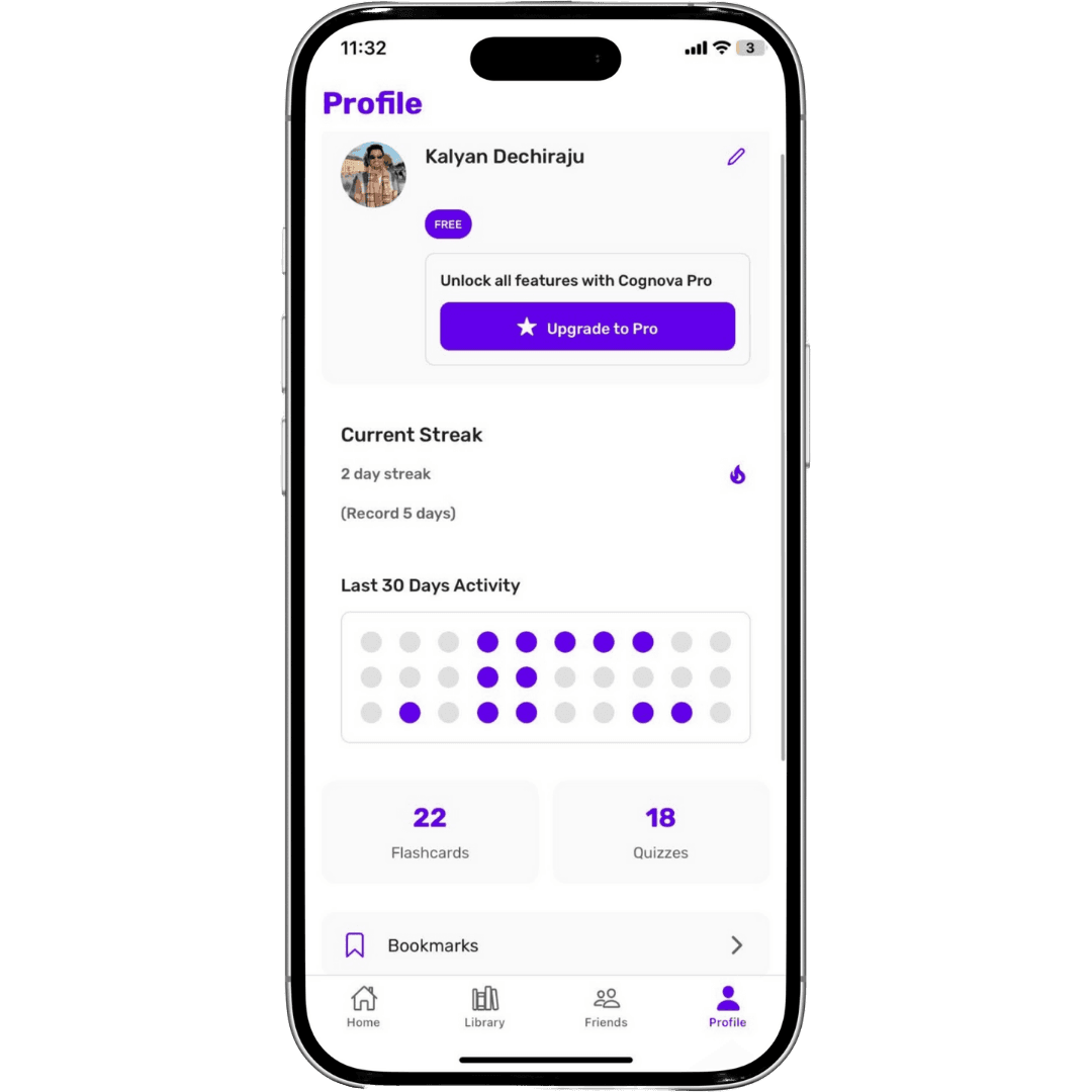 Profile page with progress tracking and streaks